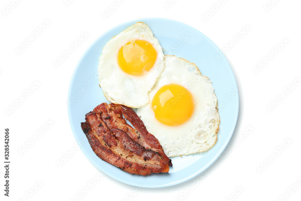 Plate with fried eggs and bacon isolated on white background Plate with fried eggs and bacon isolated on white background