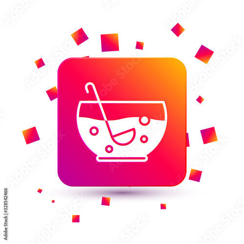 White Mixed punch with fresh fruits in bowl icon isolated on white background. Square color button. Vector Illustration