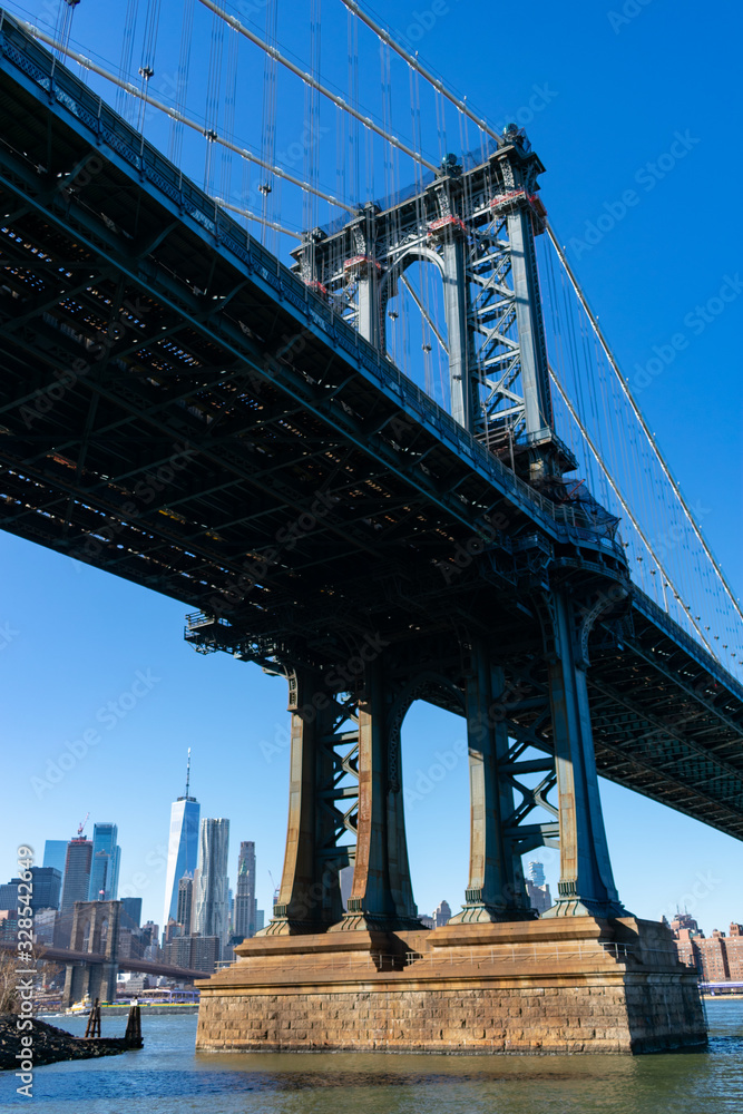 Fototapeta premium The Manhattan Bridge along the East River with the Lower Manhattan Skyline in New York City