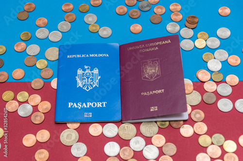 Obraz na płótnie Dual citizenship concept. The Romanian and Moldovan passport. Coloseup of Romanian and Moldovan passport. Multiple citizenships, dual citizenship, multiple nationalities or dual nationality concept w salonie
