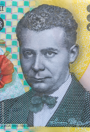 Lucian Blaga portrait on the 200 RON banknote. Coloseup of RON, Romanian Currency. Romanian RON, Lei Banknotes issued by BNR, National Bank of Romania. Romania Finance and economy concept photo