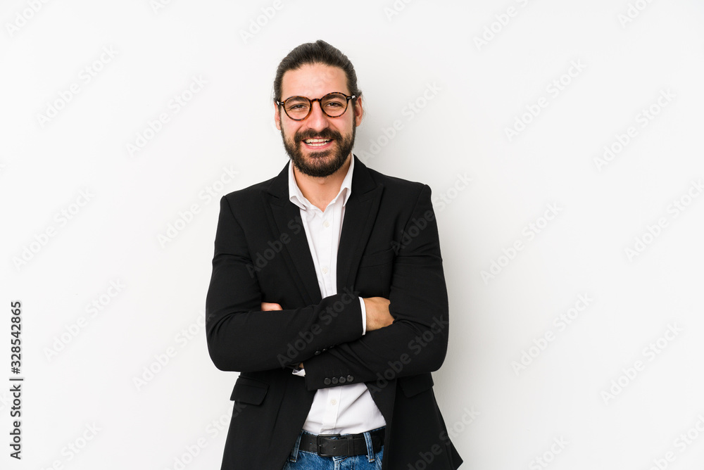 Young caucasian business man isolated on a white background laughing and having fun. Young caucasian business man isolated on a white background laughing and having fun.