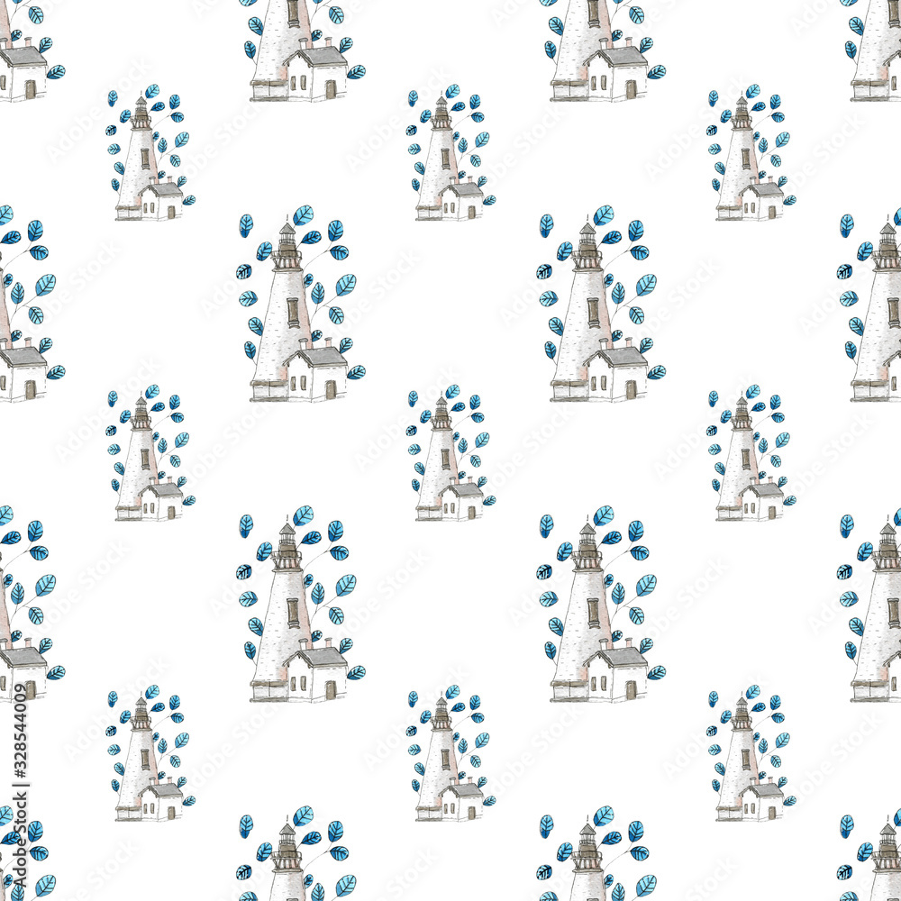 Seamless pattern with hand drawn watercolor lighthouse and blue leaves isolated on white background. Creative concept. Can be used as print, for cards, posters, textile, fabric. Seamless pattern with hand drawn watercolor lighthouse and blue leaves isolated on white background. Creative concept. Can be used as print, for cards, posters, textile, fabric.