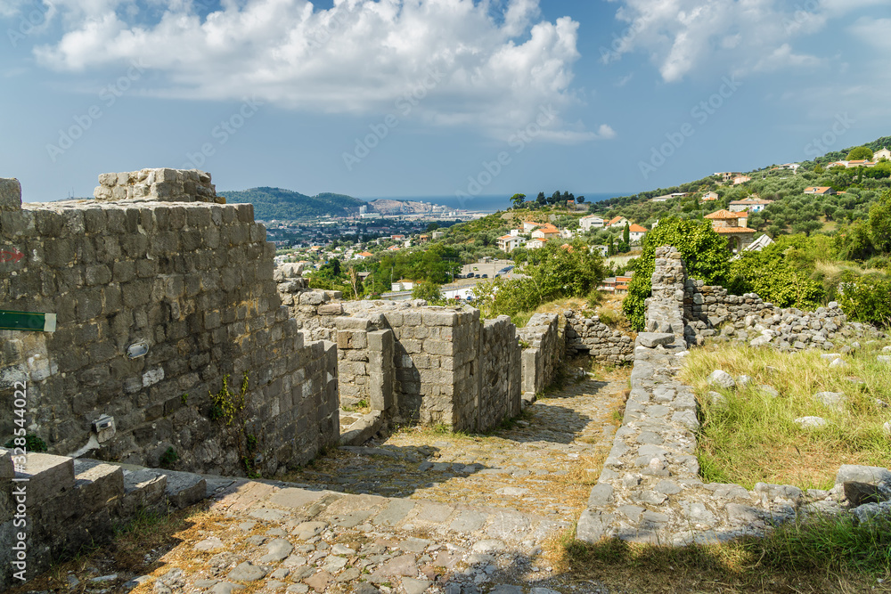Sunny view of ruins of citadel in Stari Bar town near Bar city, Montenegro.
