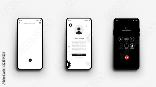 Smartphone mockup, different sreens, empty, login, call, template for mobile app showcase.