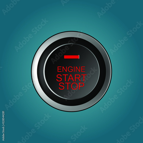 Engine start and stop button with light. Car engine start. Modern starting and stopping switch for motor vehicles. Automobile dashboard element. EPS10