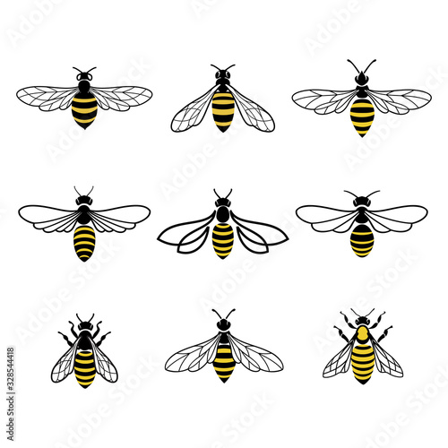 Honey bee logo. Set of bees for labels and logos of honey products, natural and farm honey. Isolated insect icons. Flying bee. Creative design honey bees. Vector illustration in flat linear style.