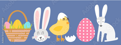 Vector illustration Easter scrapbook and stickers set. Rabbit, chicken, basket with eggs, polka dot egg. A collection of happy Easter symbols in flat style hand drawn