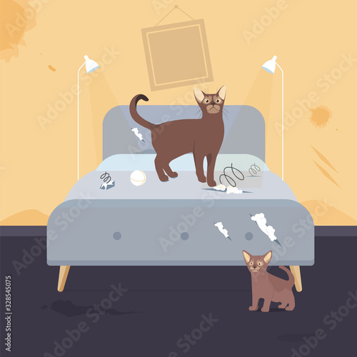 Home Pet Destroyer Lies on Bed with Torn Pillow, Urine Puddle, Holes, Cut Stuff, Spring from Mattress. Small Guilty Cat is making mess with funny face and ball. Broken Old Bedroom