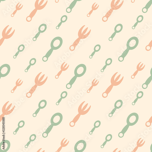 Child seamless background with fork and spoon on light background. Plastic Cutlery for the baby. Children's dining room , cafe. Flat vector illustration