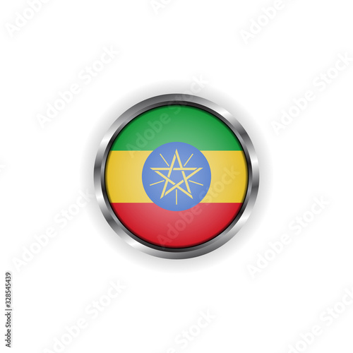Abstract button with stylish metallic frame. Ethiopia flag vector illustration