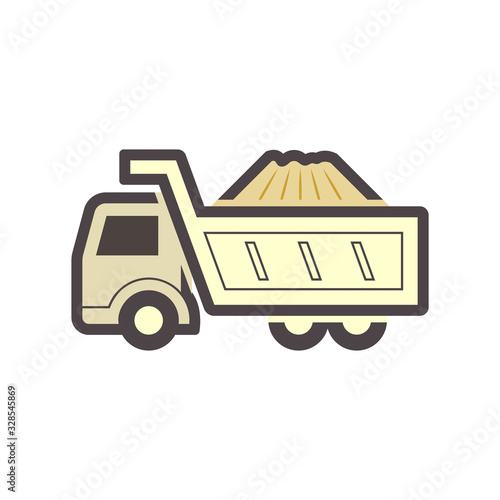 Dump truck vector icon. May called tipper truck, dumper trailer or tip lorry. Heavy machine equipment or vehicle for construction to load, unload, carrier, transport and delivery sand, rock and gravel