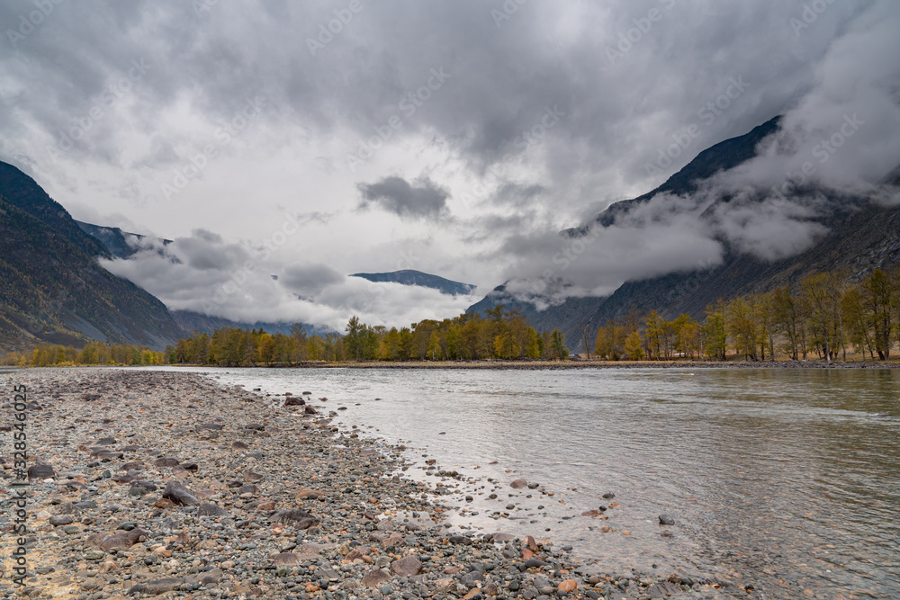 Fototapeta premium Mountain autumn landscape and river