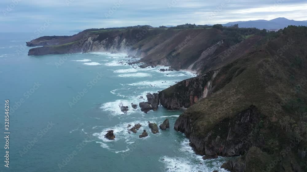 Aerial view of the coast around La Franca beach, La Franca, Asturias, Cantabrian Sea, Spain, Europe Aerial view of the coast around La Franca beach, La Franca, Asturias, Cantabrian Sea, Spain, Europe