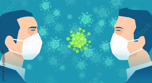 Vector of a two men in medical face masks looking at each other with Coronavirus in between photo