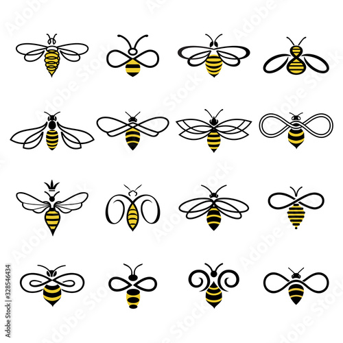Honey bee logo. Set of bees for labels and logos of honey products, natural and farm honey. Isolated insect icons. Flying bee. Creative design honey bees. Vector illustration in flat linear style. © 3xy