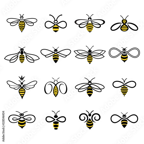 Honey bee logo. Set of bees for labels and logos of honey products, natural and farm honey. Isolated insect icons. Flying bee. Creative design honey bees. Vector illustration in flat linear style.
