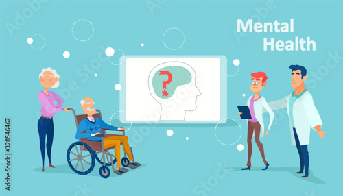 Vector of a medical team assisting senior patiens with dementia, brain damage