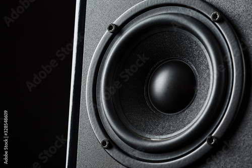 Multimedia speaker system speaker close-up on a black background.
