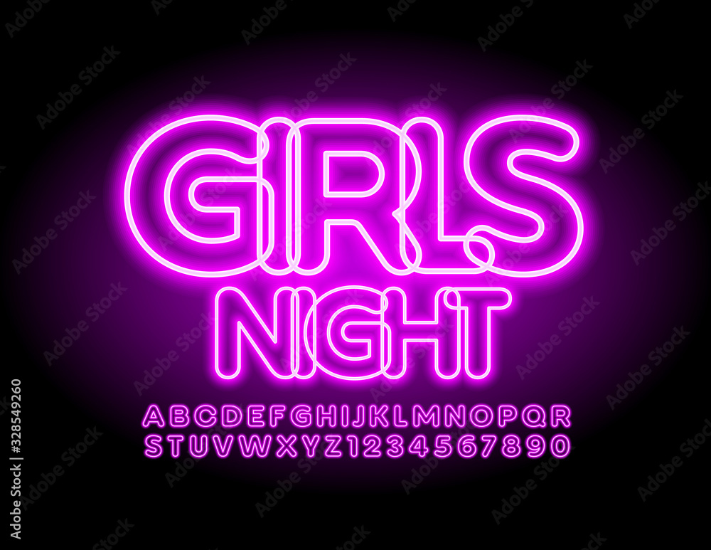 Vector bright poster Girls Party with Neon Glowing Font. Electric purple Alphabet Letters and Numbers Vector bright poster Girls Party with Neon Glowing Font. Electric purple Alphabet Letters and Numbers