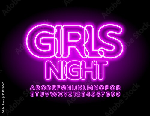Vector bright poster Girls Party with Neon Glowing Font. Electric purple Alphabet Letters and Numbers