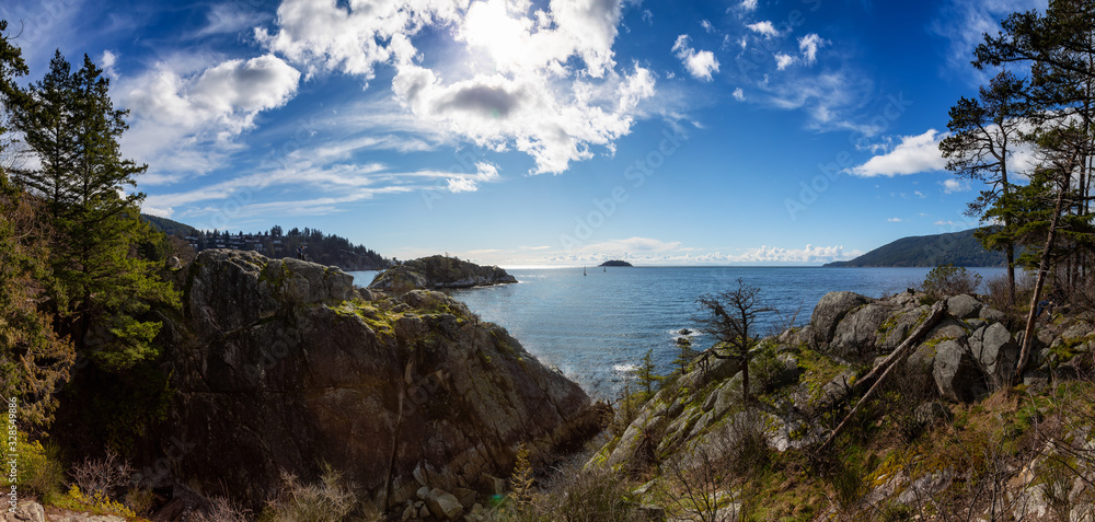 Horseshoe Bay, West Vancouver, British Columbia, Canada. Beautiful Panoramic Canadian Landscape View of a Rocky Island on Pacific West Coast in Whytecliff Park during sunny winter day. Panorama