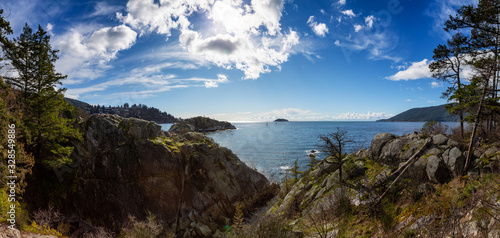 Horseshoe Bay, West Vancouver, British Columbia, Canada. Beautiful Panoramic Canadian Landscape View of a Rocky Island on Pacific West Coast in Whytecliff Park during sunny winter day. Panorama