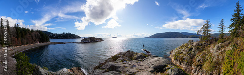 Horseshoe Bay, West Vancouver, British Columbia, Canada. Beautiful Panoramic Canadian Landscape View of a Rocky Island on Pacific West Coast in Whytecliff Park during sunny winter day. Panorama