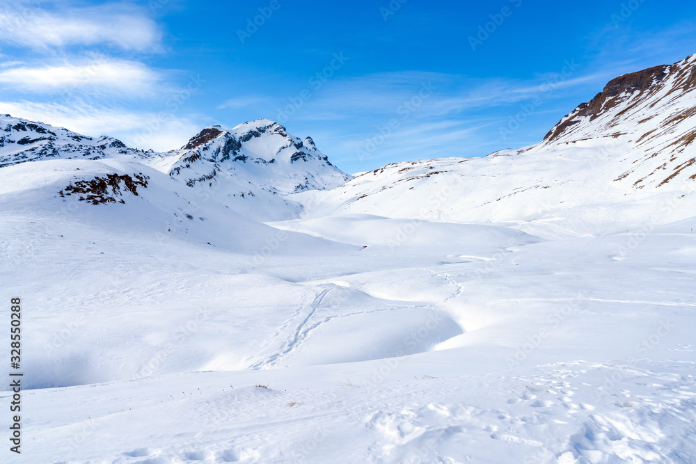 Winter landscape on the First mountain in Swiss Alps, Grindelwald ski resort, Switzerland Winter landscape on the First mountain in Swiss Alps, Grindelwald ski resort, Switzerland