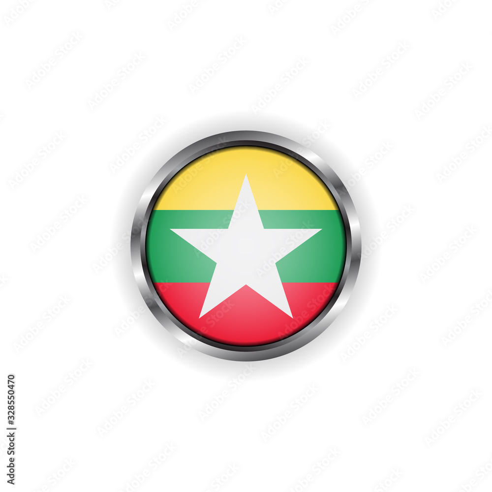Abstract button with stylish metallic frame. Myanmar flag vector illustration Abstract button with stylish metallic frame. Myanmar flag vector illustration