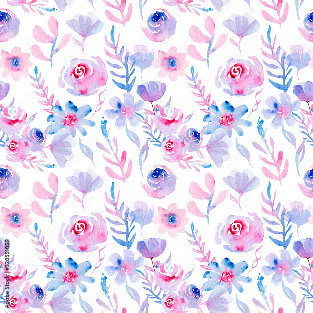 watercolor flowers and plants - seamless pattern pink and blue