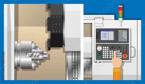 CNC lathe Machine mechanism workshop technology button center knob key axis test tool PLC drill steel gear line setup heavy turret metal motor chuck clamp cutter display monitor setting remote operate