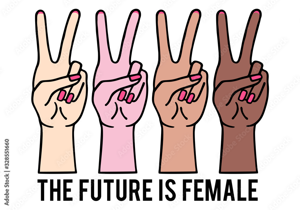 Fototapeta premium Female hands with peace sign, girl power, vector illustration
