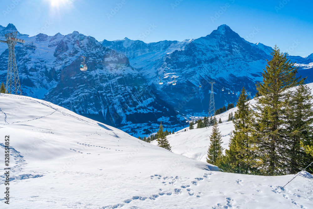 Winter landscape with snow covered peaks seen from the First mountain in Swiss Alps in Grindelwald ski resort, Switzerland