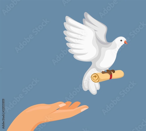 train pigeon carrier to deliver a message, hand release pigeon bird with roll paper message in cartoon flat illustration vector