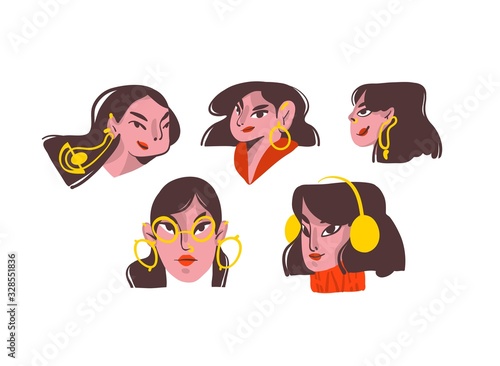 Hand drawn vector abstract cartoon modern graphic girls characters collection set bundle with gold jewelry illustration art isolated on white background.