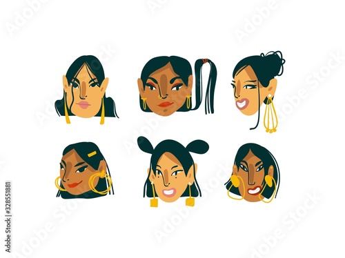 Hand drawn vector abstract cartoon modern graphic girls characters collection set bundle with gold jewelry illustration art isolated on white background