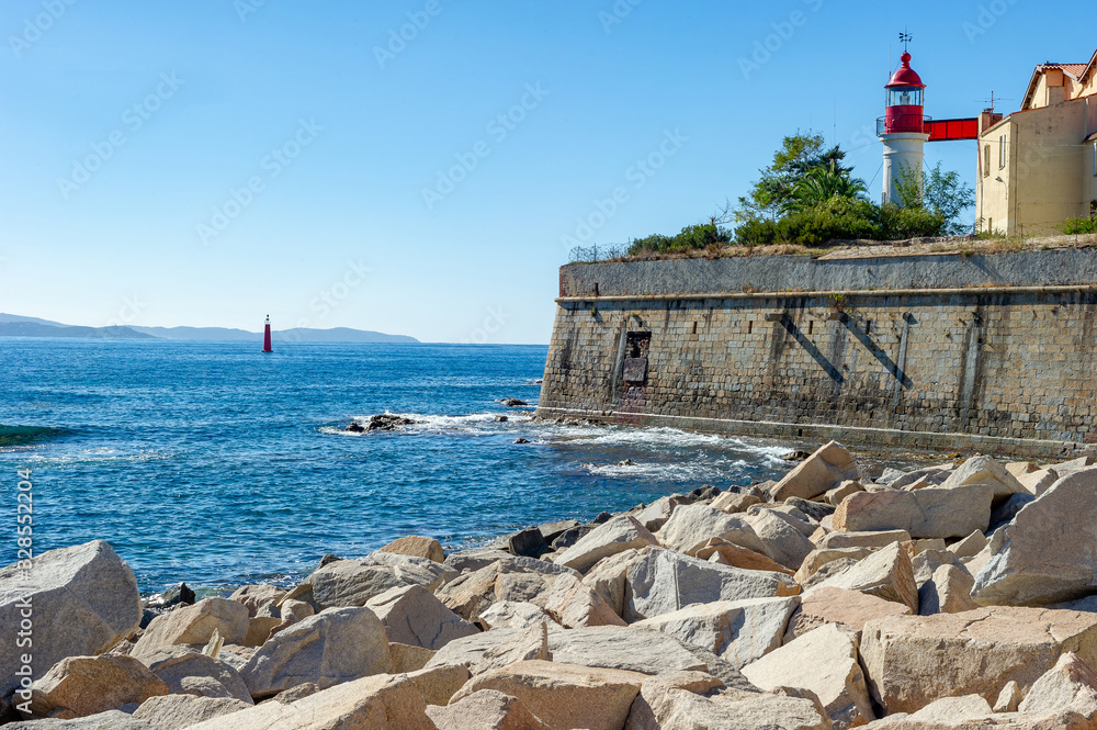 Ajaccio / France10/23/2015. Breakwater and lighthouseMaritime port of Ajaccio, France