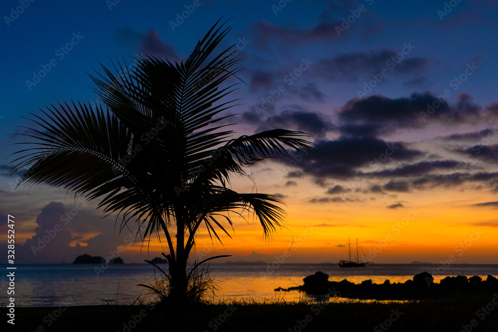 Obraz premium Colorful sunset on the ocean. Sunset meetings at the beach. Tropical sunset with palm trees