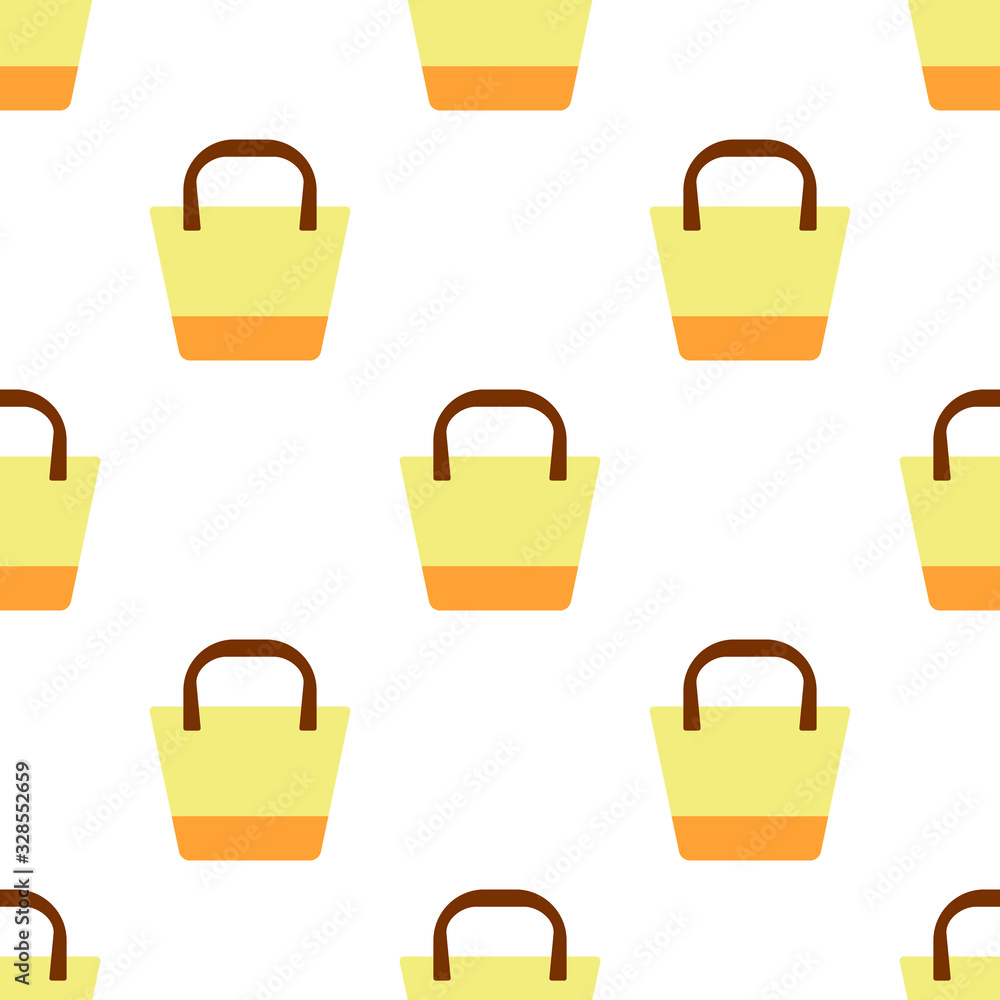 Seamless pattern with a yellow oval beach bag with a geometric pattern on a white background.Bright summer pattern for textiles.For beachwear.Vector illustration. Seamless pattern with a yellow oval beach bag with a geometric pattern on a white background.Bright summer pattern for textiles.For beachwear.Vector illustration.