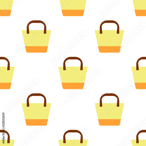Seamless pattern with a yellow oval beach bag with a geometric pattern on a white background.Bright summer pattern for textiles.For beachwear.Vector illustration.