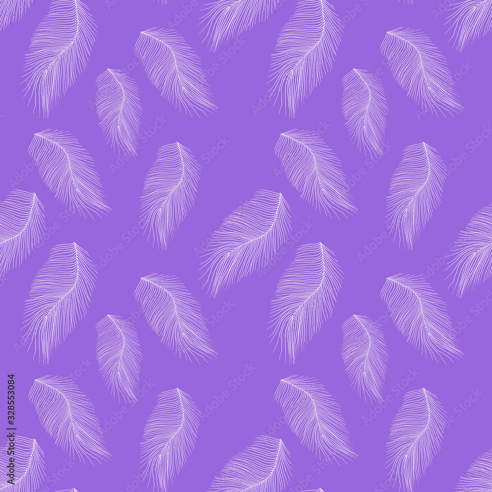 Seamless pattern with hand-drawn softness white feathers on lilac background, Great for wedding decor, wrapping paper, background, fabric print, web page backdrop, wallpaper