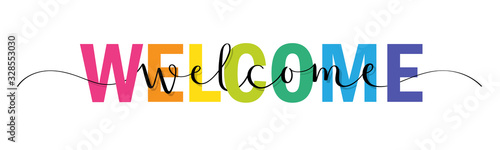 WELCOME vector rainbow-colored mixed typography banner with interwoven brush calligraphy