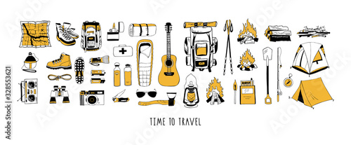 Set of vector elements in black and yellow colors isolated on white. Hiking, camping. Backpack, boots, tent, sleeping bag, compass, map, flashlight, binoculars, camera, reusable bottle, first aid kit