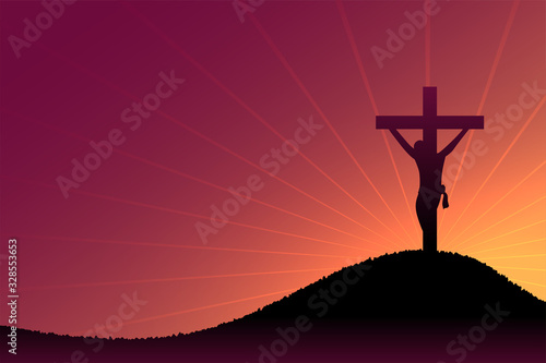 jesus christ crucifixion scene on dusk and sun rays