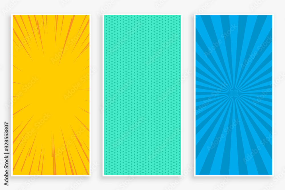 three color comic style vertical banners set design - obrazy, fototapety, plakaty 