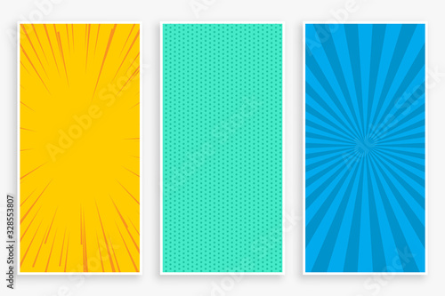three color comic style vertical banners set design photo