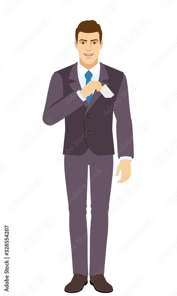 Smiling Businessman puts the business-card in his pocket. Full length portrait of Businessman in a flat style. Smiling Businessman puts the business-card in his pocket. Full length portrait of Businessman in a flat style.