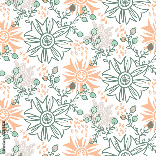 Cute floral seamless pattern. Vector background with flowers and leaves.