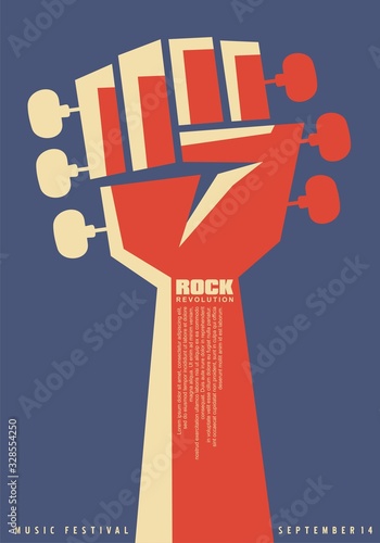 Rock revolution creative poster idea with revolutionary fist and guitar neck with tuning pegs. Music event flat flyer template. Musical vector illustration for punk or hard rock festival.
